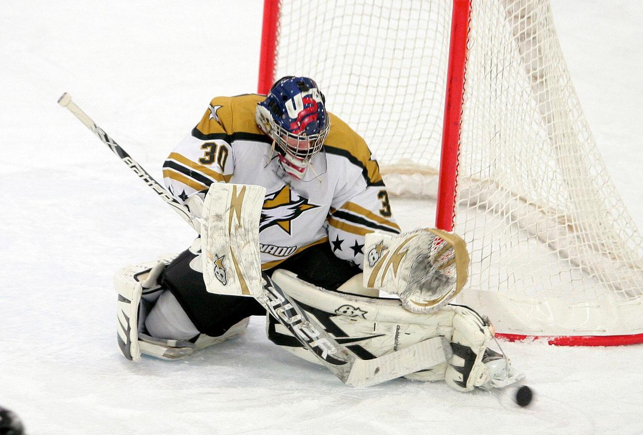 Tristan Weinholzer focuses on blocking the upcoming puck, truly making a "great save."